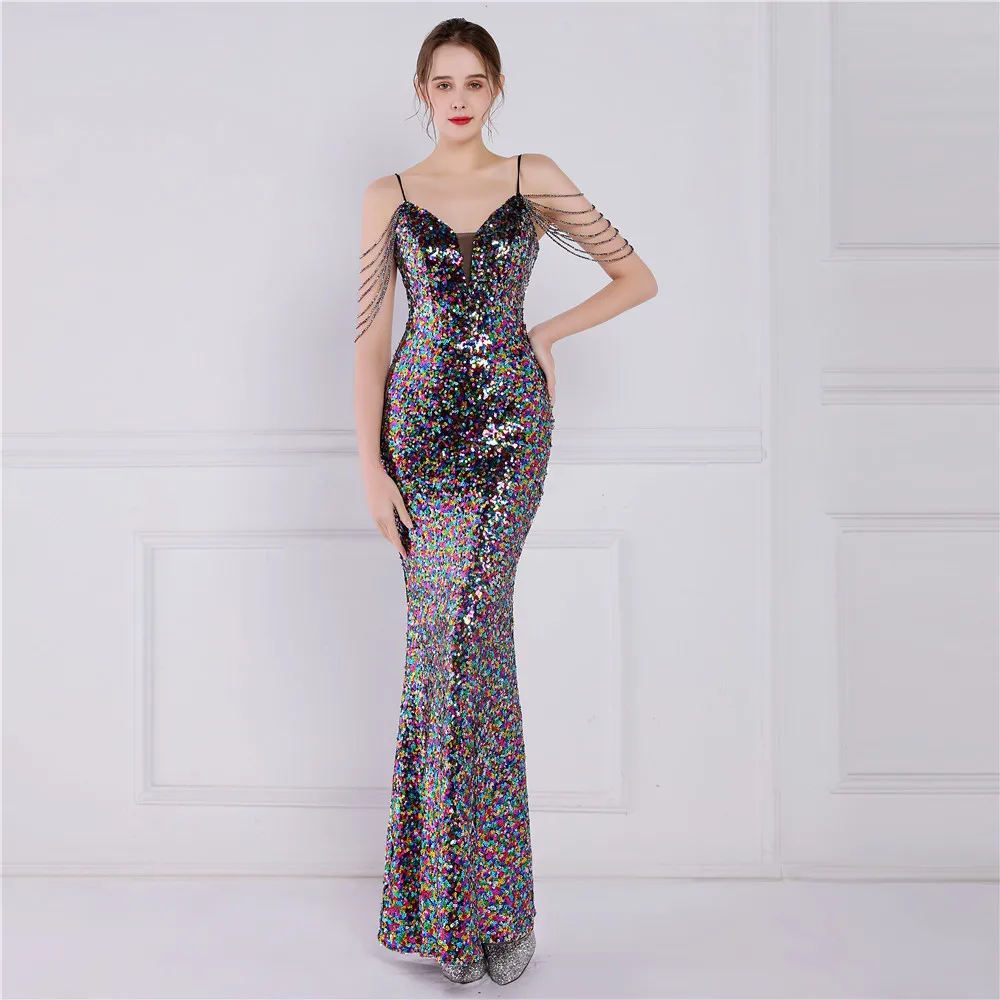 DEERVEADO Sexy Mermaid V Neck Prom Dresses 2022 New Sequins Strap Party Dress Evening Gown Women Bodycon Maxi Dress