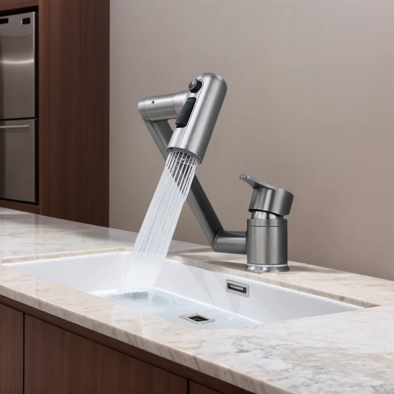 

304 Stainless Steel Lift & Fold Basin Faucet - Dual Hot/Cold Water Bathroom Sink Tap for Vanity and Washstand