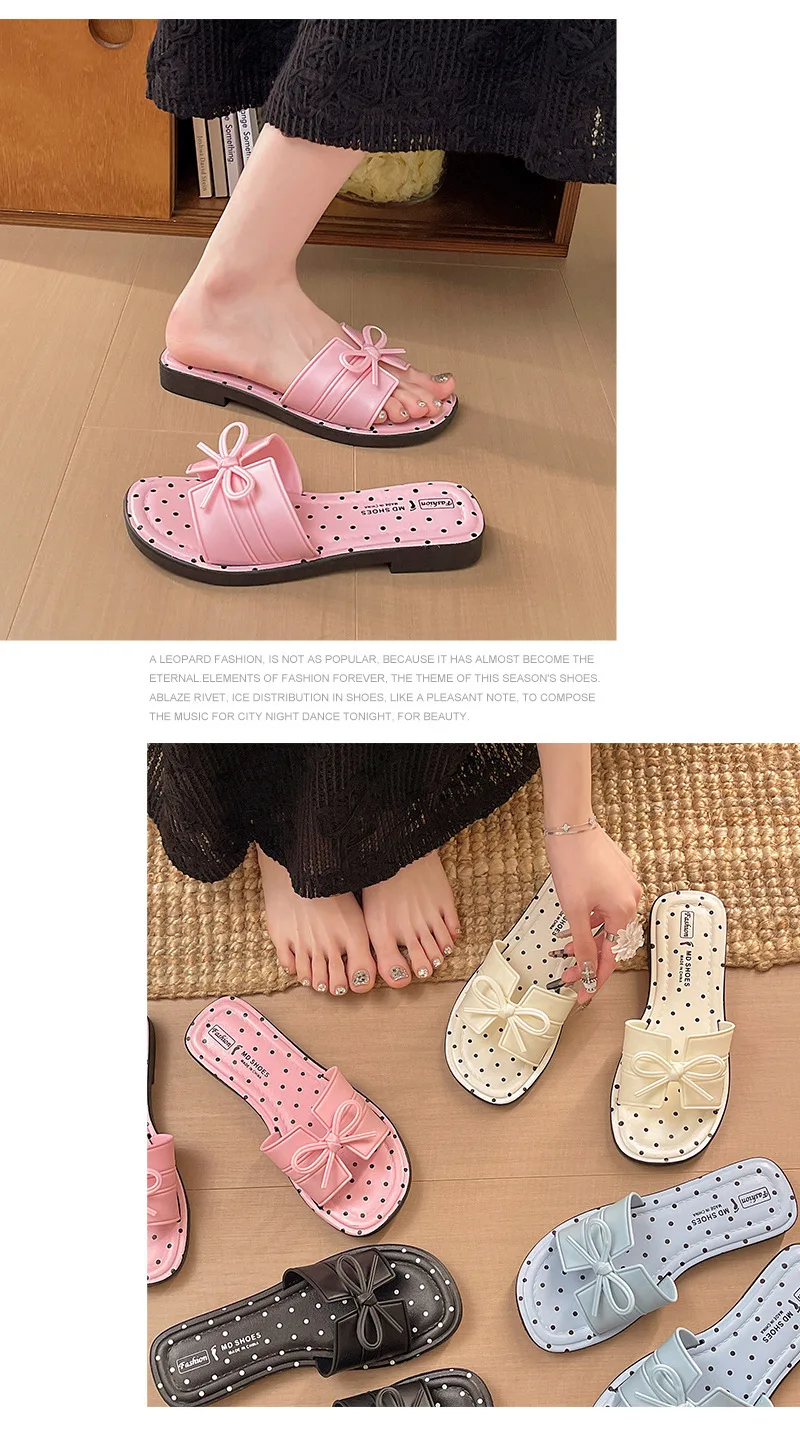 Damen Sommer Neuheit: Stylische Pantoletten mit Schleife, niedrigem Blockabsatz, Polka Dots und offener, eckiger Zehenpartie – Detail 8