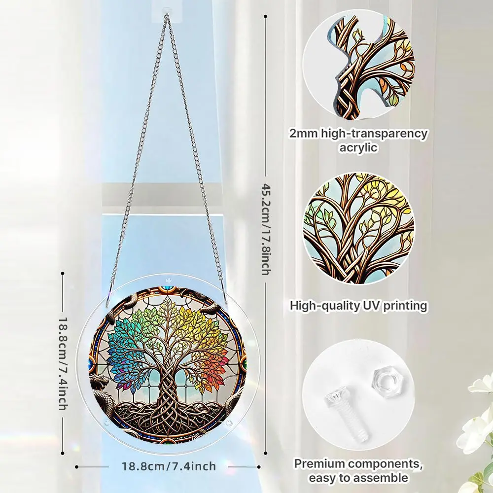 Stained Glass Tree Of Life With Dragons Acrylic Puzzle Suncatcher, 57 Pieces Acrylic Jigsaw Puzzle Ornaments For Window Hanging