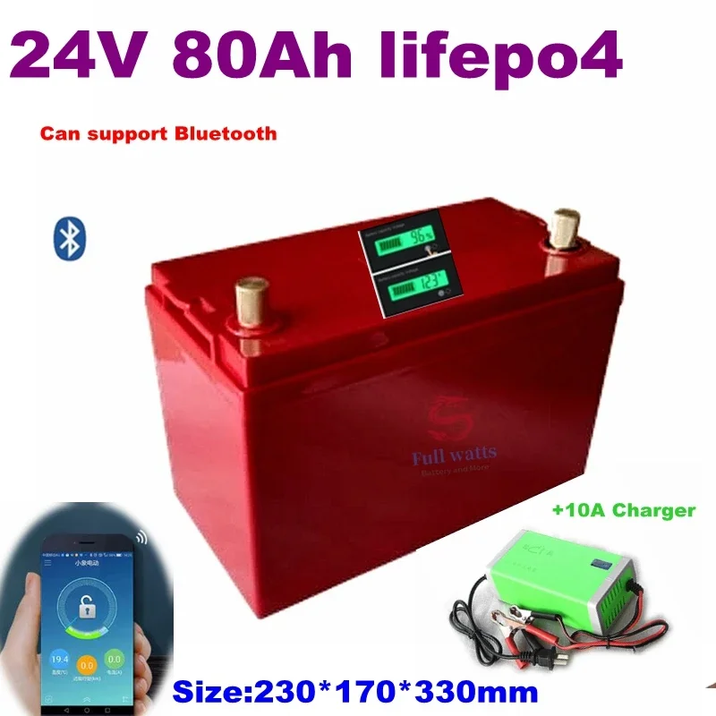 24V 80AH Lifepo4 battery lithium with bluetooth BMS for inverter solar panel scooter backup power boat light +10A Charger