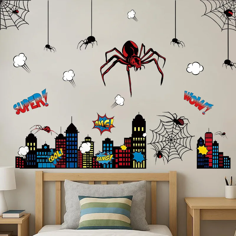 Cartoon City Spider Silhouette Wall Stickers For Kid's Room Kindergarten Living Room Wall Decoration Home Decor