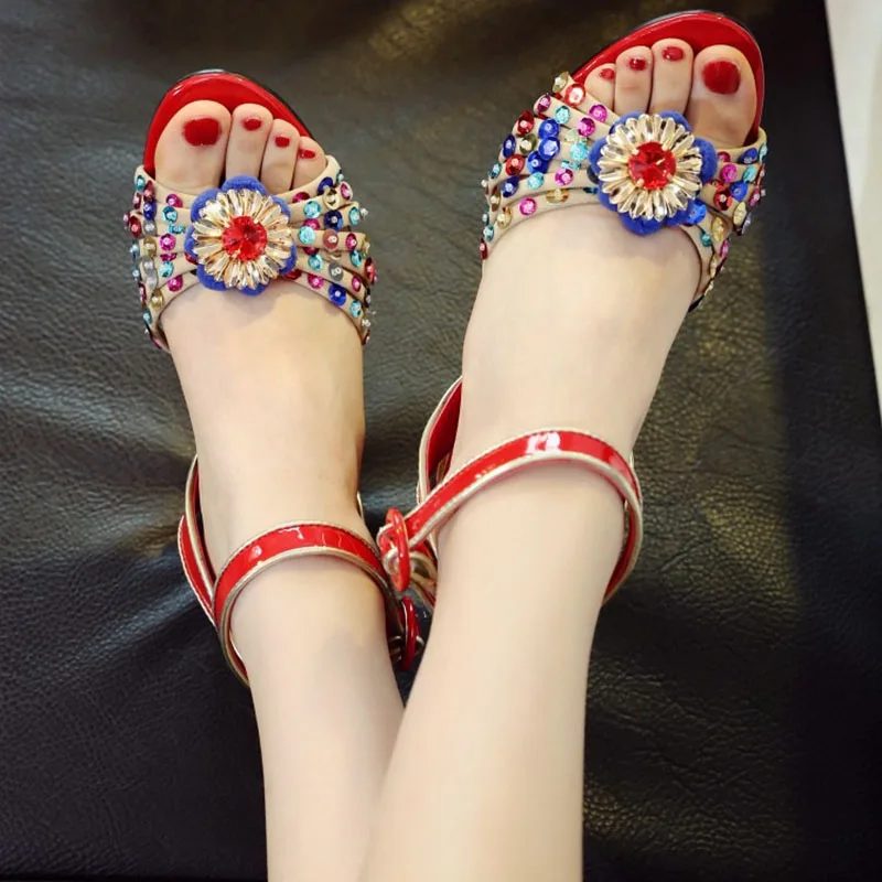 Bohemia Print Floral Chunky Heel Sandalias Female Blue Red Prom Wedding Shoes Woman Ankle Strap Sequins Rhinestone Sandals