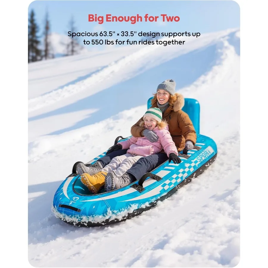 2-Person Inflatable Snow Sled with Premium Canvas Cover, Heavy Duty Sled with Backrest & Reinforced Handles, Snow Tubes for Kids