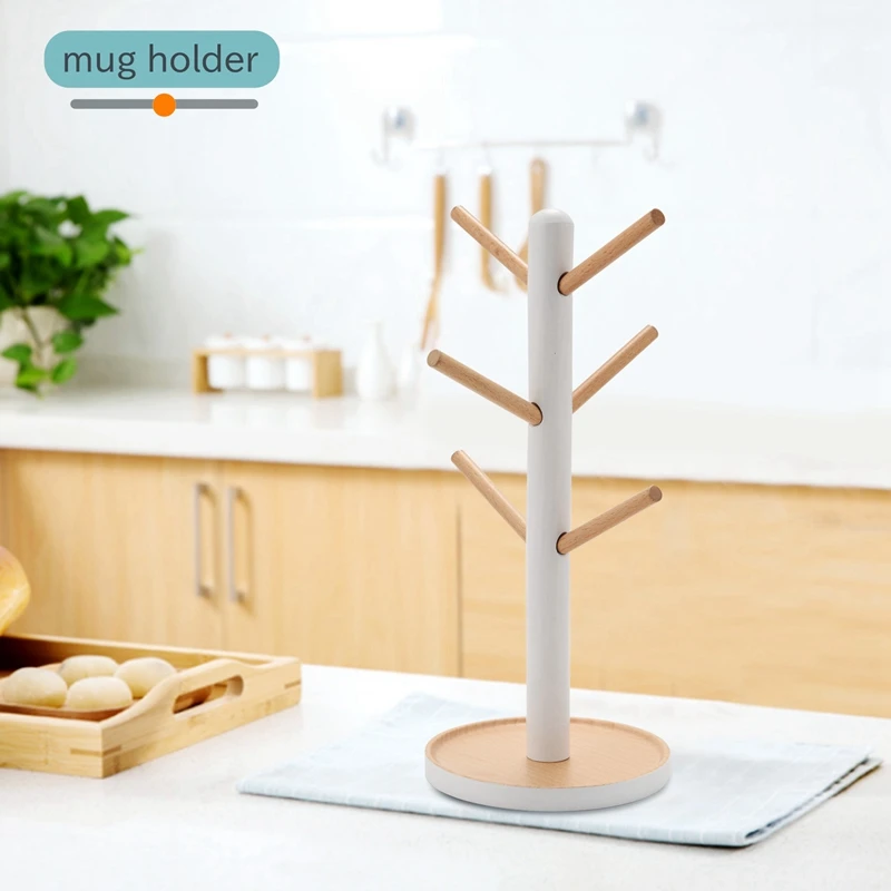 Wooden Mug Hanging Display Rack Drinkware Shelf With 6 Hooks Tree Shape Wood Coffee Tea Cup Storage Holder Stand