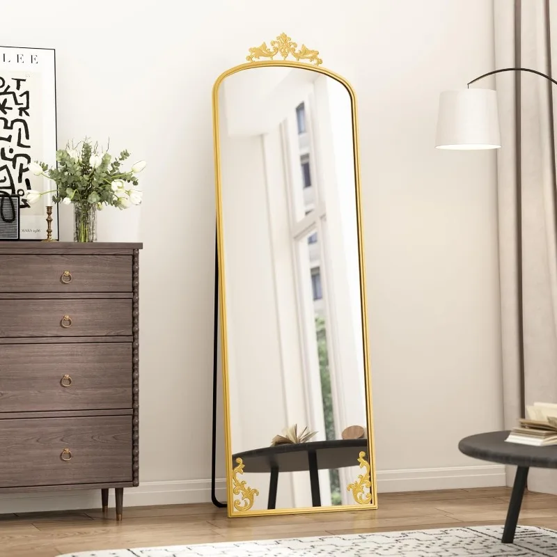 Arched Mirror Full Length with Stand, 65" x 21" Floor Length Mirror with Carved Metal Frame, Full Body Wall Mirror