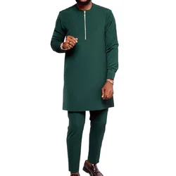 Naija-traje de novio liso a medida para hombre, conjuntos de manga larga, Tops con cremallera y pantalones de cintura elástica, camisas verdes negruesas, pantalones de parche