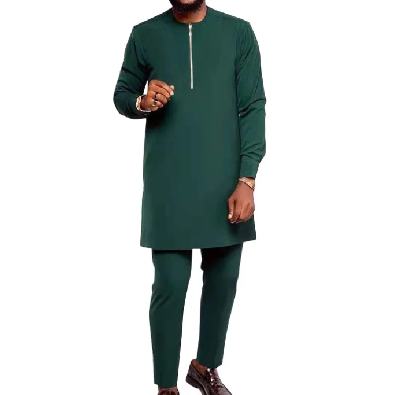 Naija Tailored Solid Groom Suit Long Sleeves Men's Sets Zipper Fly Tops+Elastic Waist Trousers Blackish Green Shirts Patch Pants