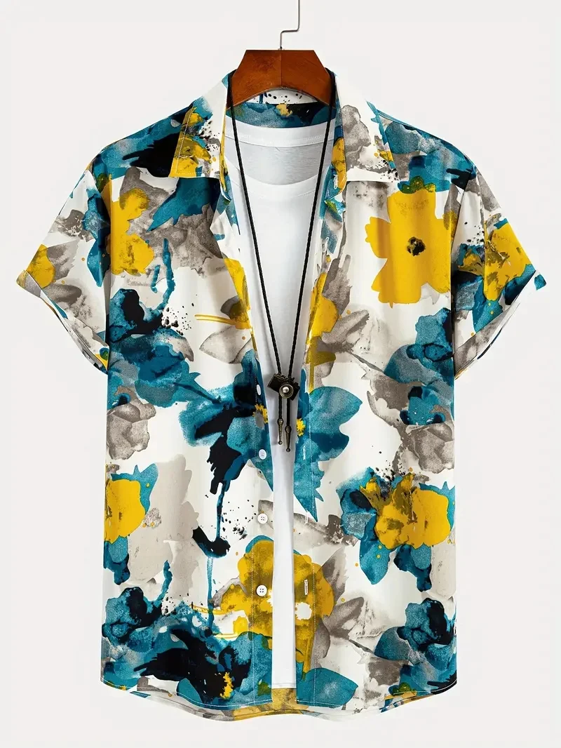 Men\'s Hawaiian floral pattern print shirt with lapels, button fly and short sleeves, stylish and fashionable design, comfortable