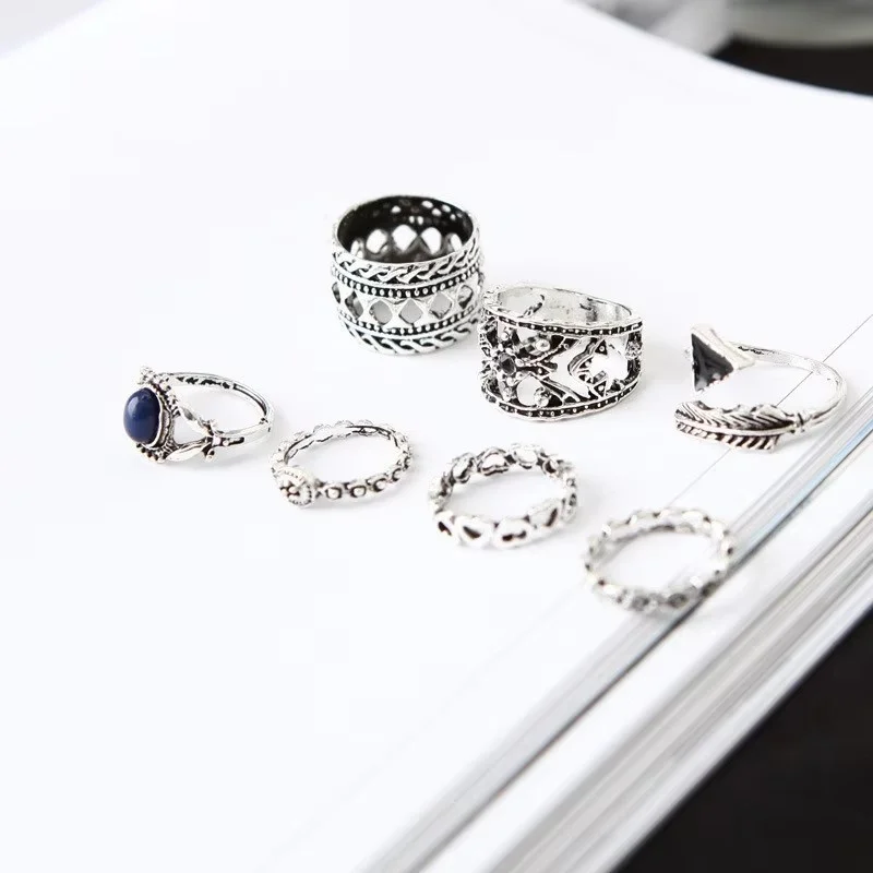 7-piece Ring 2025 New European And American Retro Beach Triangle Hollow Love Tail Ring 7 Piece Set Women's Ring Wholesale