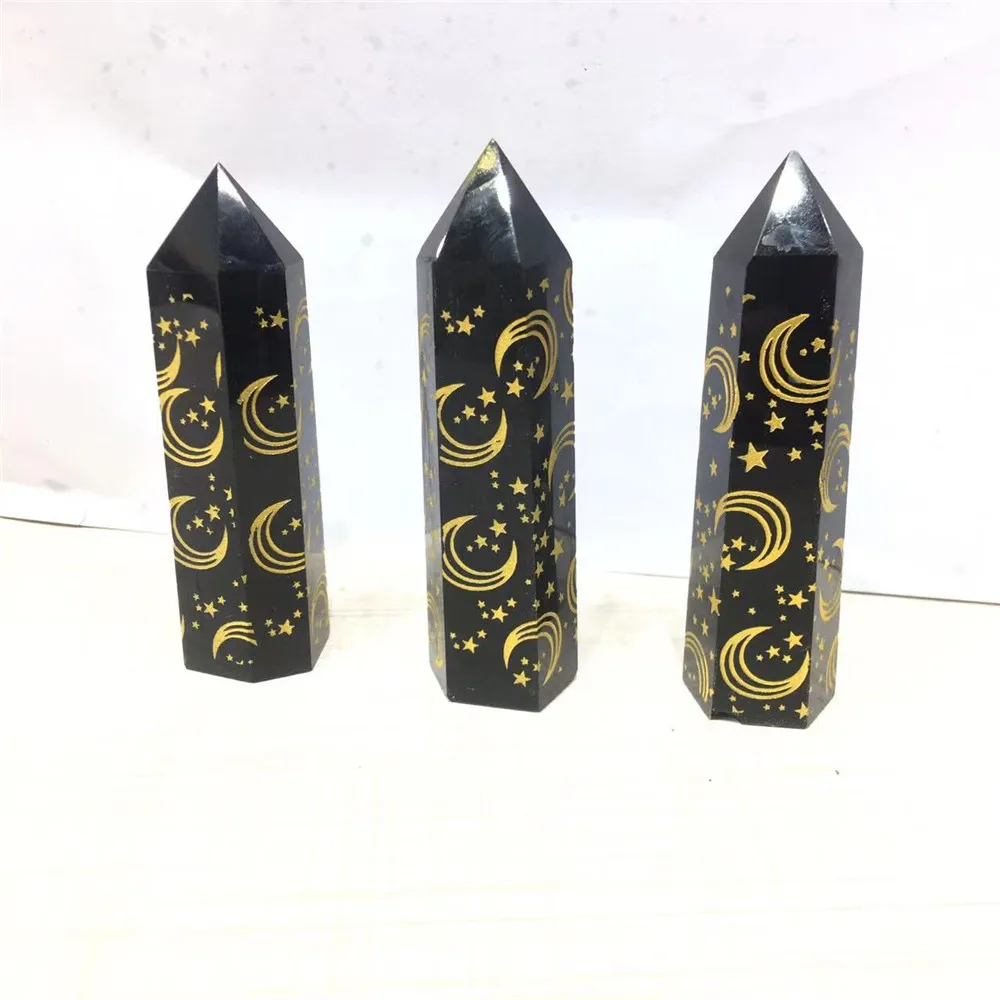 Wand Quartz Tower Point Crystals Healing Stones Natural Obsidian Rune Carving Moon star For DECOR HOME