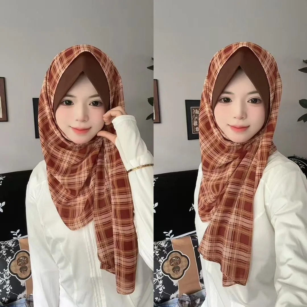 

Коричневый клетчатый модный мусульманский женский повседневный платок из шифона, дышащий, с декоративным элементом в ретро-стиле.