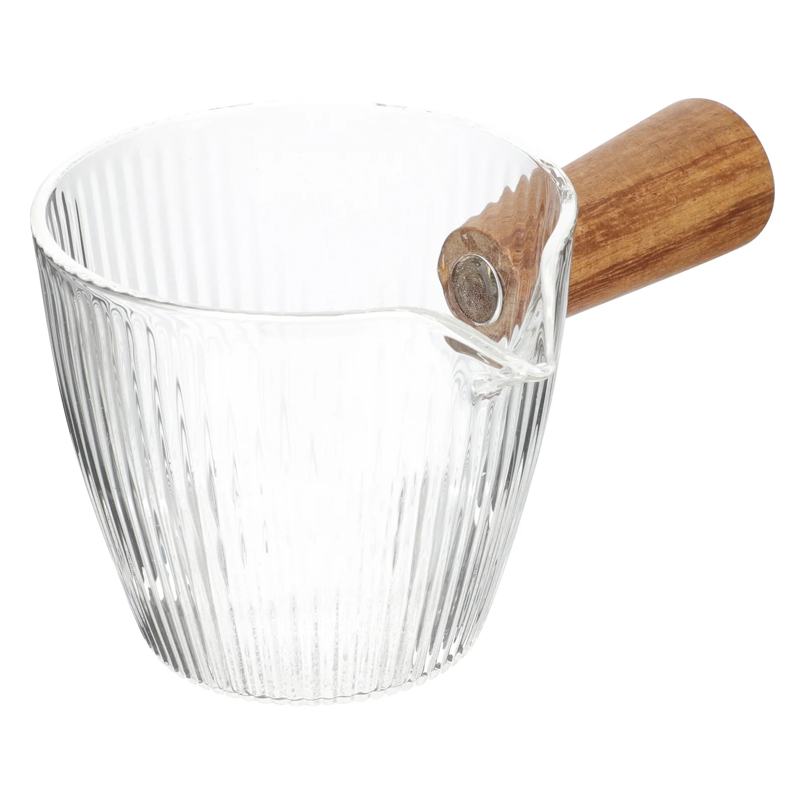 

Stylish Glass Milk Pitcher with Beak Spout and Wooden Handle for Cafe Home Hotel Multi-Function Creamer Syrup Container