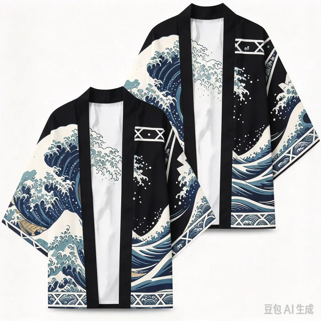 Kitsune Fox Cherry Blossom Moon Bamboo Wave Print Haori Kimono Cardigan Unisex Loose Yukata Japanese Ukiyo-e Streetwear Cover Up