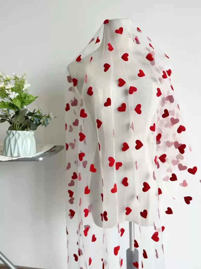 

1yard High quality lace sewing Red heart-shaped plush lace tissus fabric for clothing dress cheongsam fabric