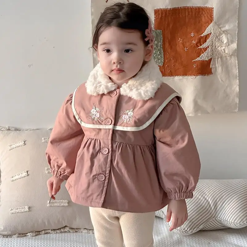 2024 Korean Baby Girl Embroidery Coat Winter Thicken Princess Cute Jackets Toddler Girls Warm Outerwear Childrens Clothes