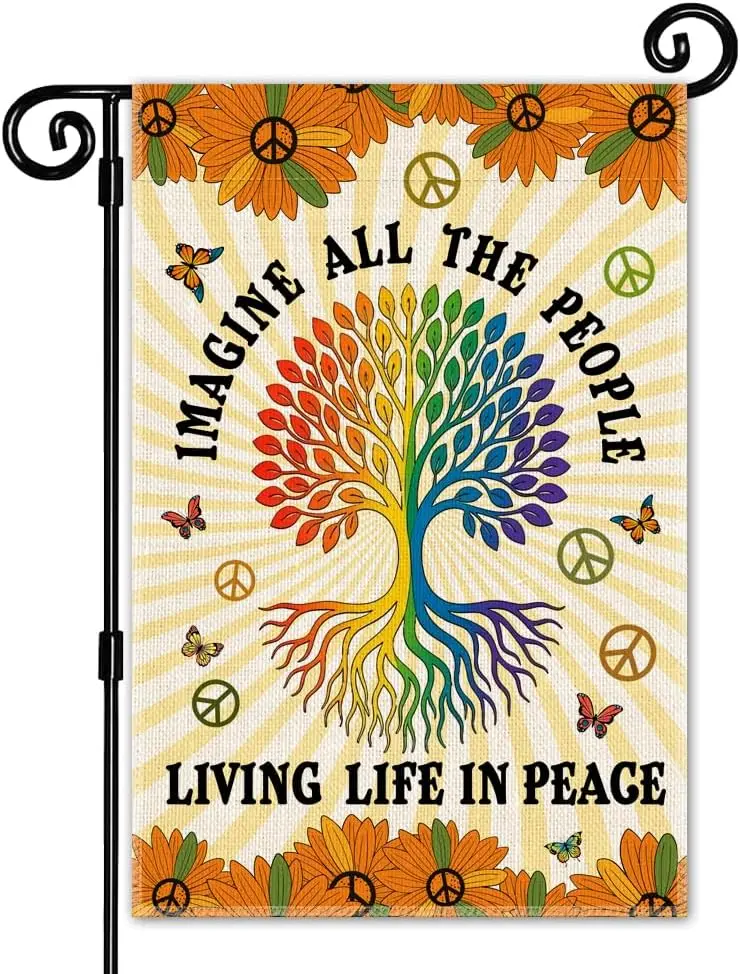 Imagine All The People Living Life In Peace Garden Flag, Funny Tree Of Life Peace Flag for Outside, LGBTQ Equality Social Ju ZZM