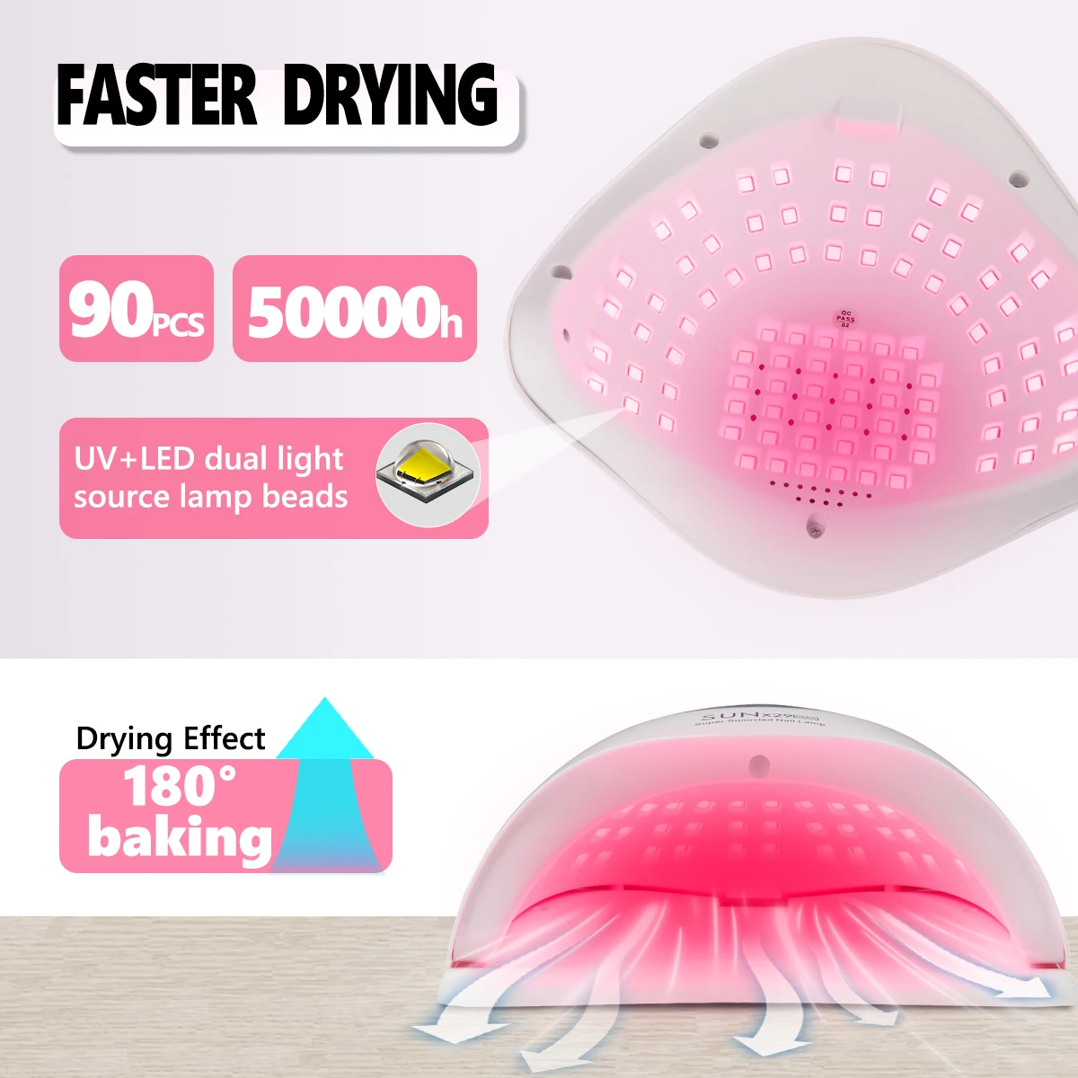 90 LEDネイルランプ、4つのタイマー設定付き、ネイルドライヤー＆アートツールとしてスマートに使用可能、家庭用＆サロン用