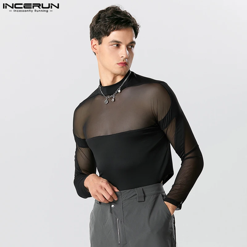 INCERUN Men Bodysuits Turtleneck Long Sleeve Mesh Transparent Sexy Rompers T Shirts Men 2023 Fitness Fashion Bodysuit S-5XL