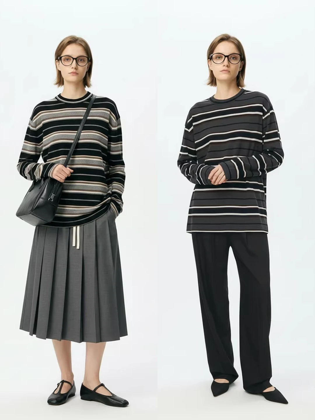 

Retro Color Block Striped Woolen Loose Long Sleeve Knitted Sweater Casual Style Soft Cotton Wool Mid-Length round Neck Top