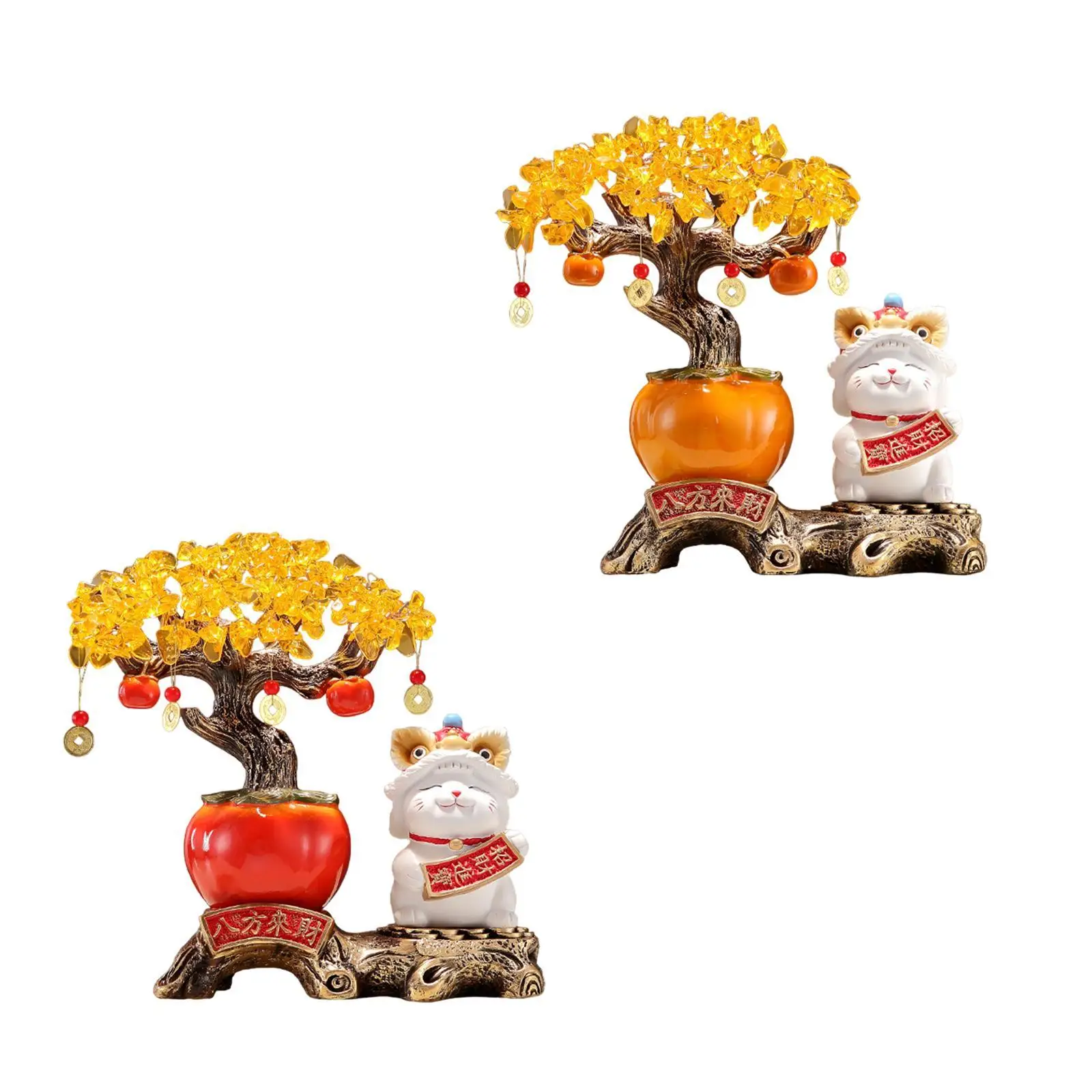 

Lucky Cat and Tree Figurine Collectible Art Decorative Sculpture for Bookshelf Housewarming Gift Living Room Office Bedroom