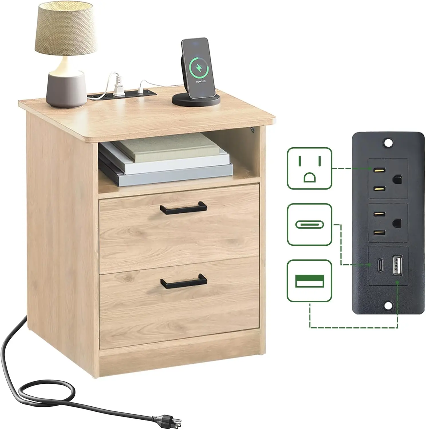 

Table with Fast Charging Station - USB C Cable Fast Charging, Wooden Natural Nightstand Bedside Table with 2 Drawe