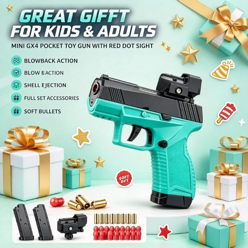 Mini GX4 Pocket Toy,Macaron Shell Eject Blowback Model w/ Red Dot Sight,Full Set Magazines Soft Bullets Shells,Kids Adults Gift