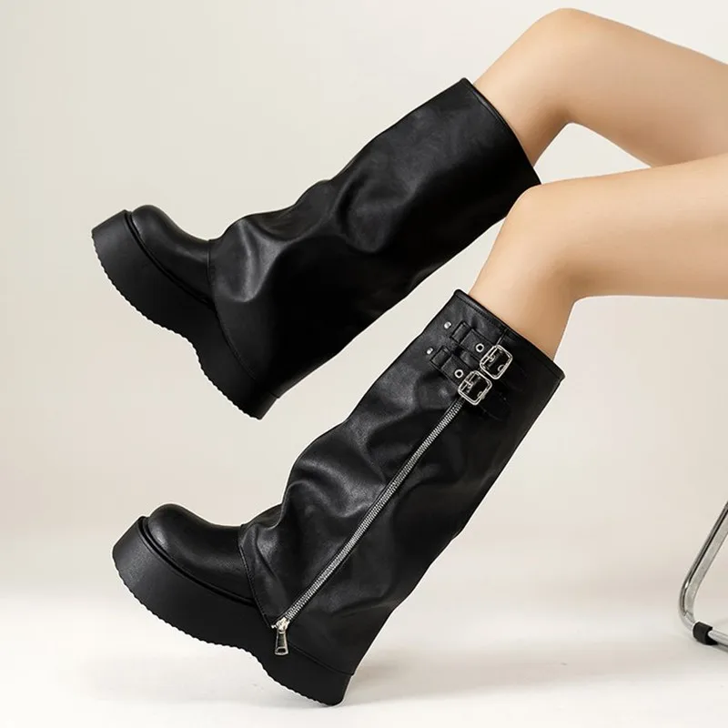 NEW Arrival Fashionable Wide-Leg Knight Long Boots with Inner Elevator & Thick Sole Side Zipper Belt Buckle and Slouchy Design