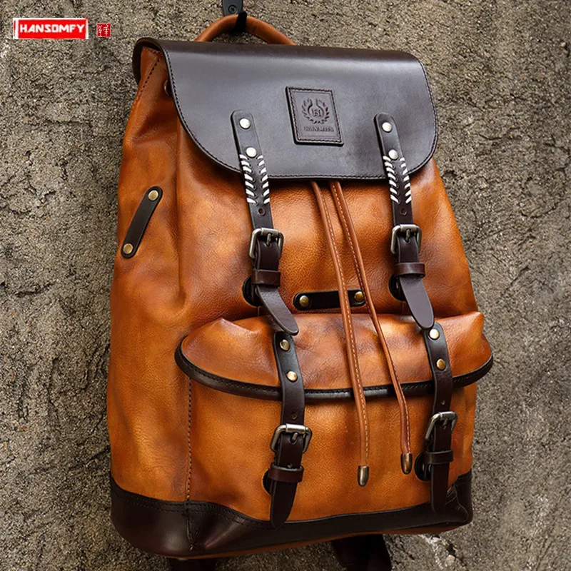 Men\'s Backpack 2024 New Male Laptop Shoulder Bag Travel Bag Full Leather Men School Backpacks Bags First Layer Cowhide Solid Bag