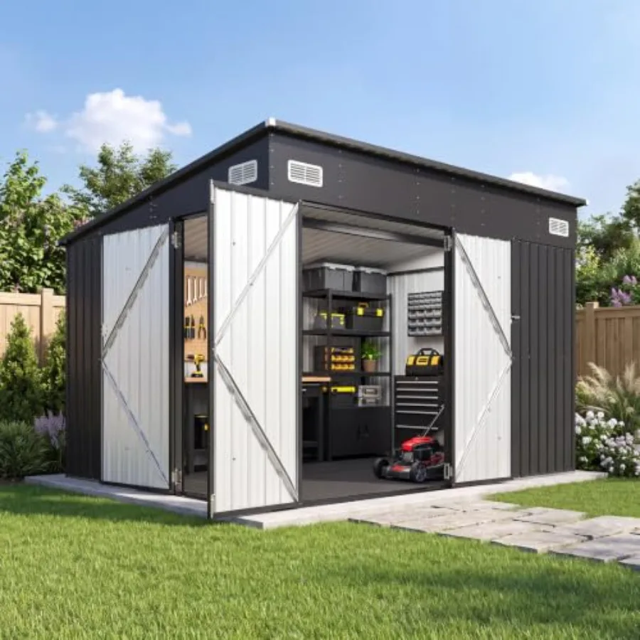 9.5'x7.5' Outdoor Storage Shed with 3 Lockable Doors and 14mm PP Floor