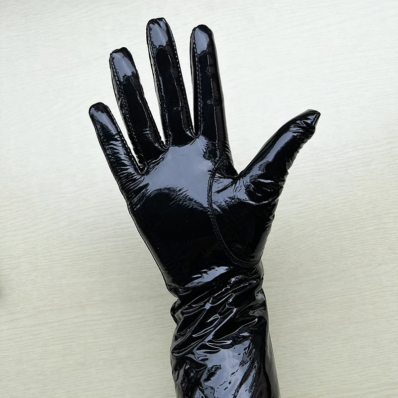 Long Gloves For Women Spring Winter Male Patent Leather Fashion Catwalk Motorcycle Riding Luvas Brilliant Warm Arm Warmer Gants