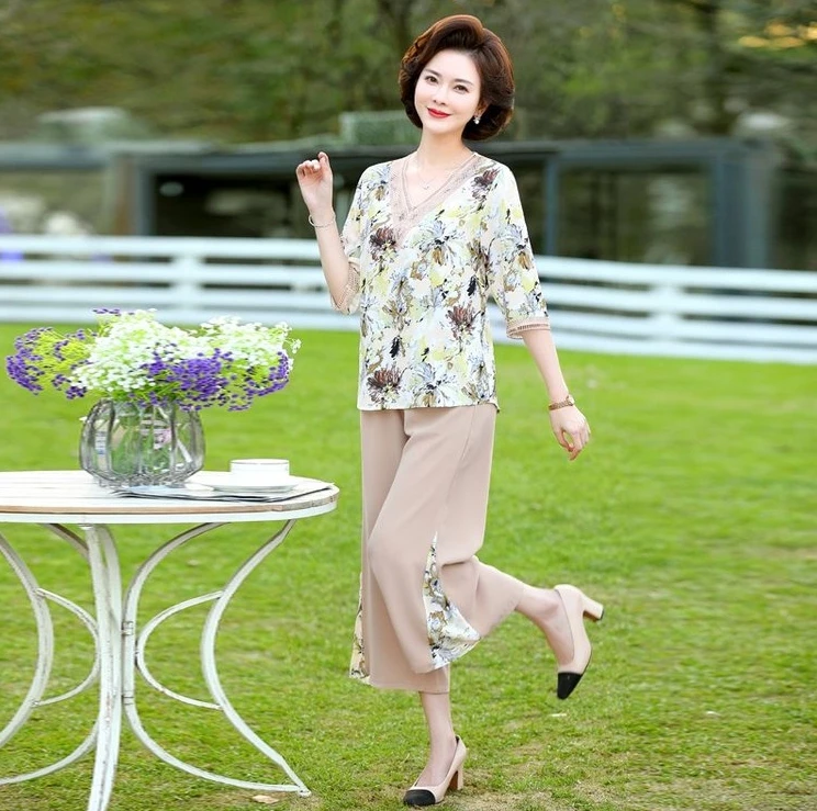 Summer 2 Piece Sets Women Casual Outfit Elegant Loose Wide Leg Pants and V-Neck Half Sleeve Short Sleeve Blouse Women Pant Sets