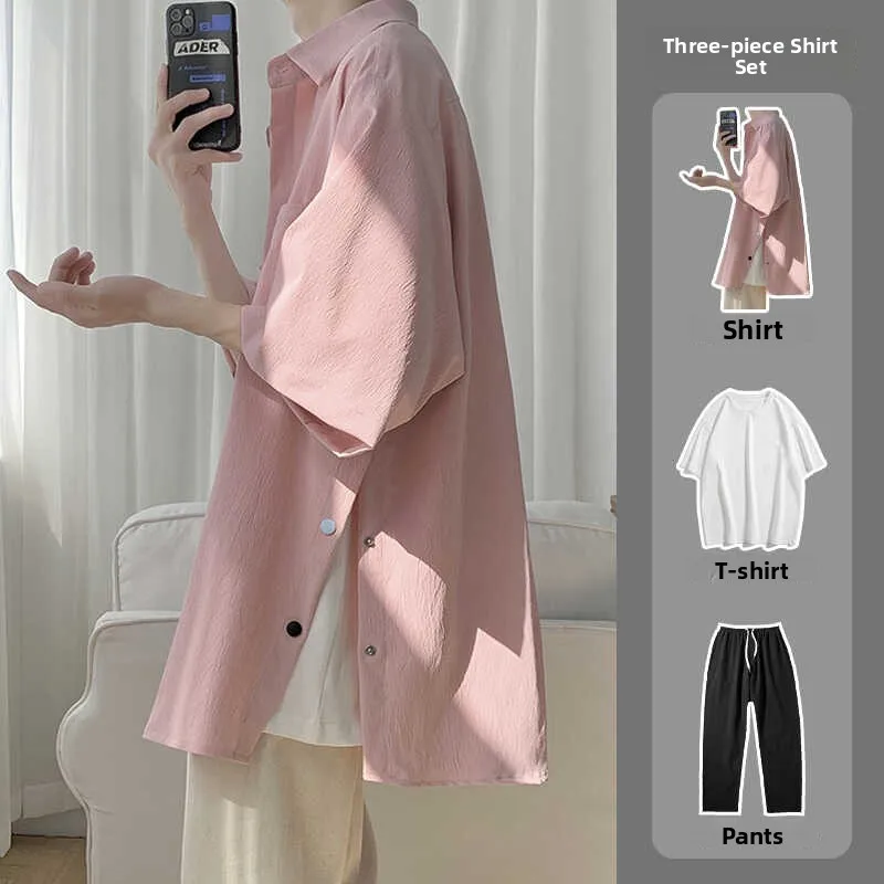 

Ice Silk Men's irt ort Sve Button Split Drapey Fabric Summer Faion Tee Piece Set Casual Loose Fit Youth ular