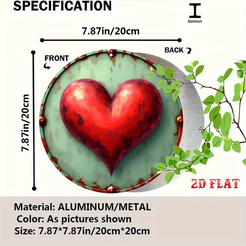 2D Flat, 2D Flat 1pc Romantic Design Aluminum Metal Tin Sign, Distressed Look Round Aluminum Sign, Heart Shape 7.87X7.87 Round A