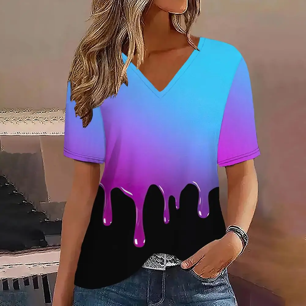 Summer Watercolor Flow 3D Print T-shirt Women Streetwear Casual T Shirts Y2k Tops Woman Harajuku V-Neck Tees Oversized Clothing