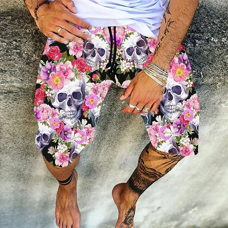 Men's summer quick-drying beach shorts 3d skull floral print breathable surf pants loose holiday seaside casual pants