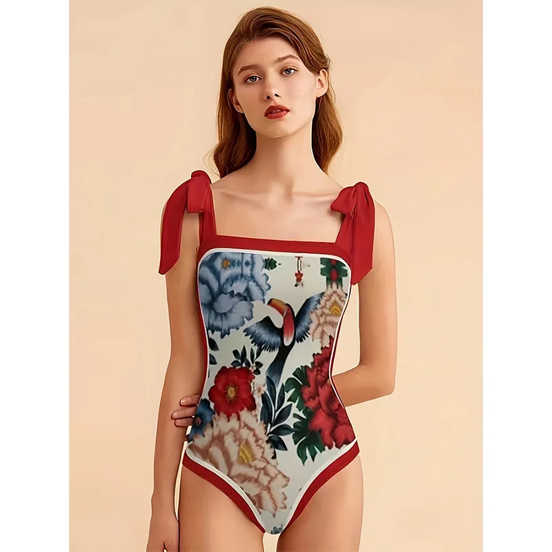 

2025 One- Swimsuit Two-Piece Set New European American Style Floral and Bird National Trend Print High-E