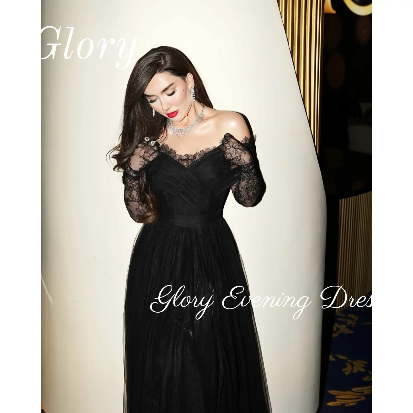 

Lace Evening Dresses Off Shoulder Wedding Dresses Customized Black Side Split Prom Dresses Party Mermaid with Long Sleeves Dubai