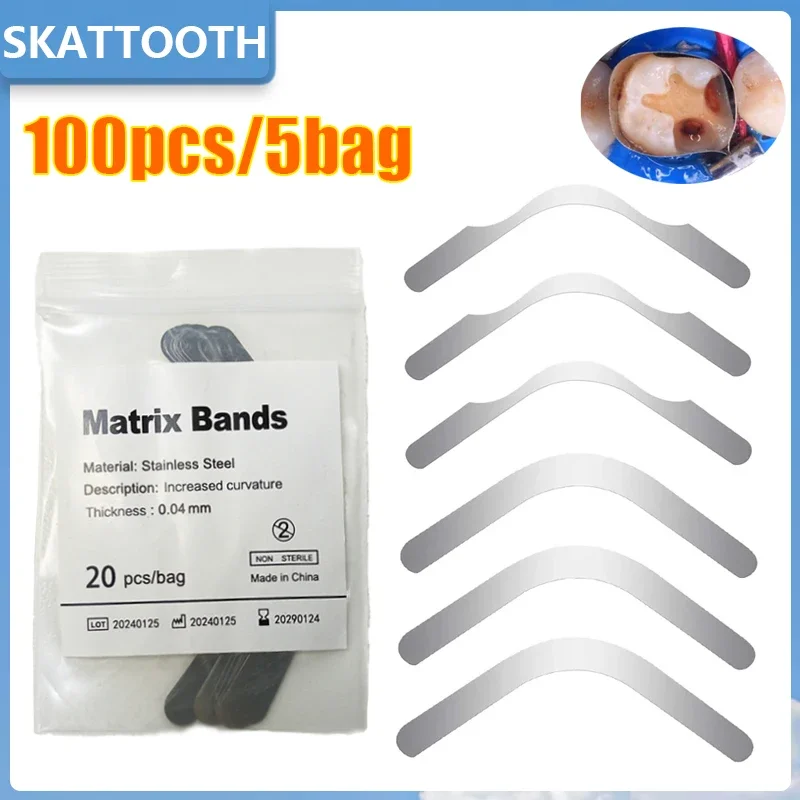 

100pcs/5bag Dental Matrix Bands Tofflemire 0.04mm Gingival Wall Lift/Large Curvature Sectional Contoured Matrices Matrix Bands