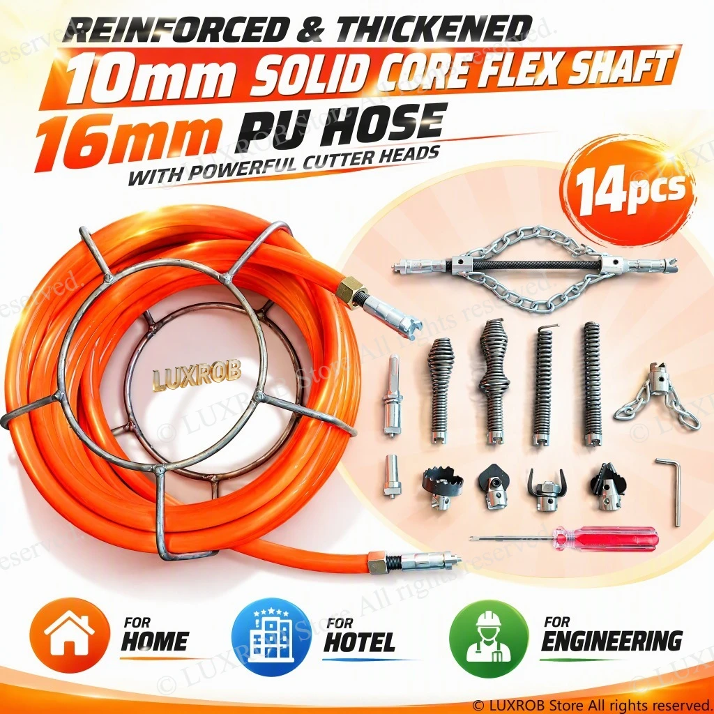 Drain Snake 14PCS Pipe Dredger Kit,10mm Solid Core Flex Shaft,16mm Thickened PU Hose Sewer Pipe Unblocker Plumbing Cleaning Tool