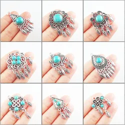 Fashion New Turquoise Stone Charms Flower Teardrop Crown Shield Silver Plated Tassels Pendants Retro
