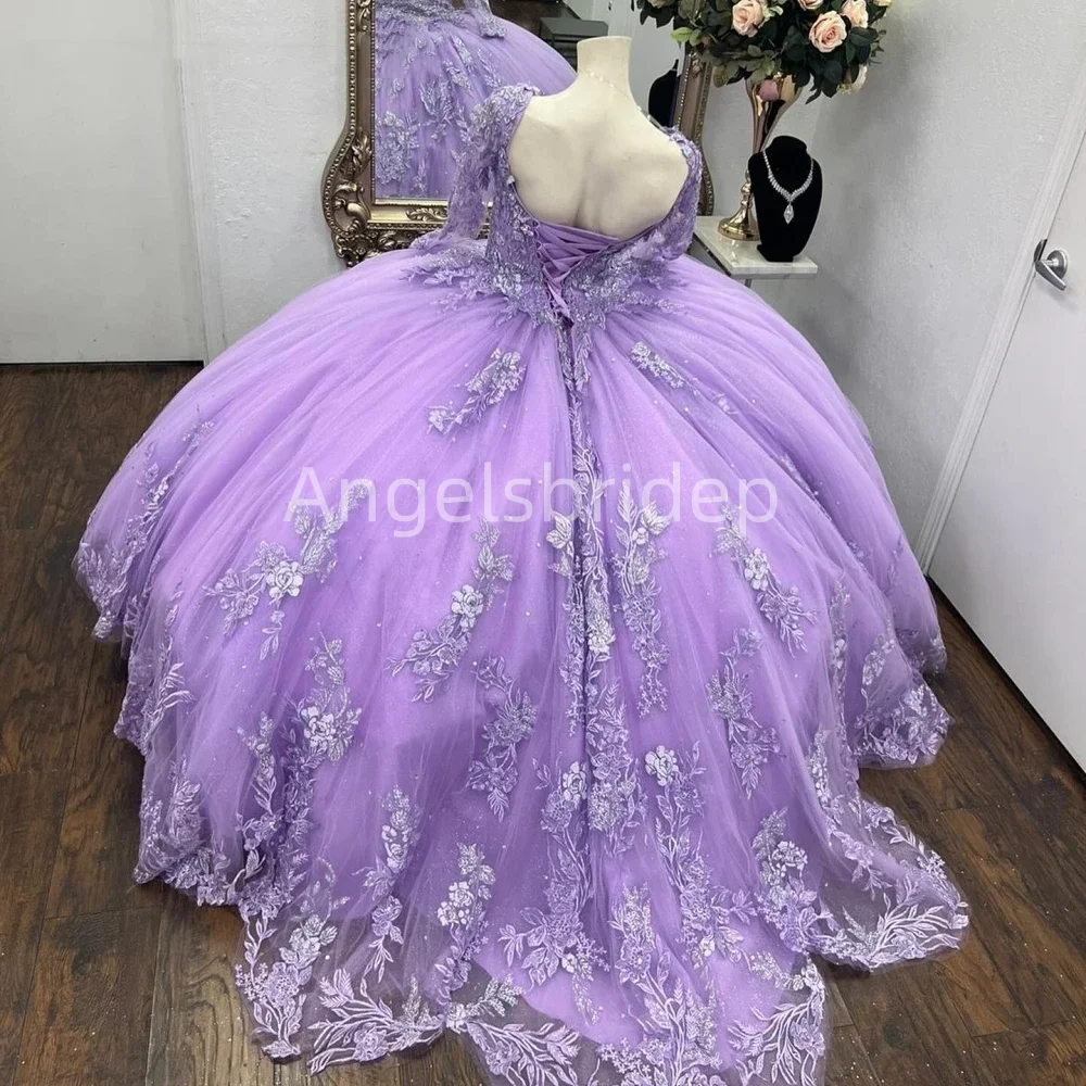 Angelsbride 2025 Lace Long Sleeves Crystals Ball Gown Quinnceanera Dresses With Beading Lavender Vestidos De 15 Anos