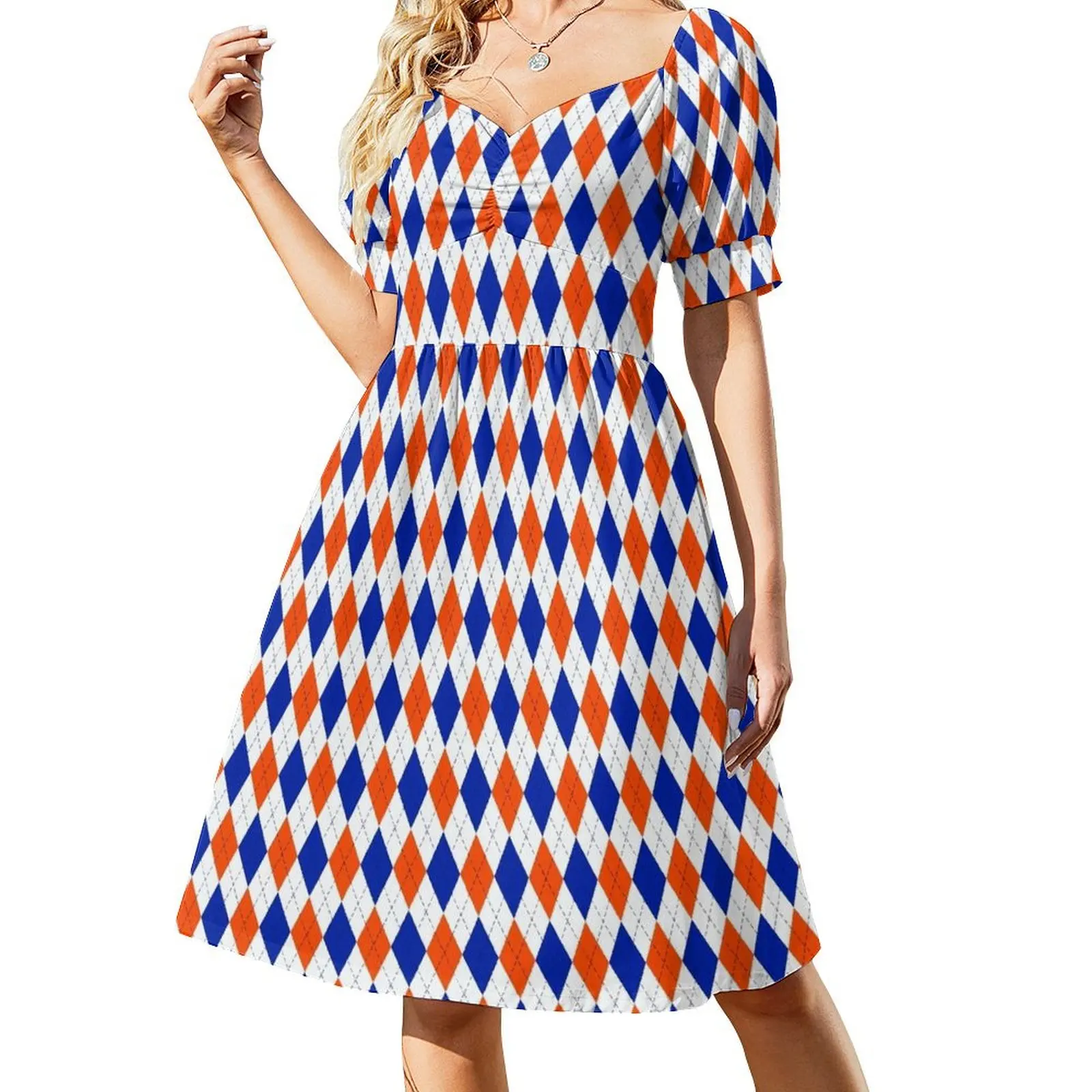 Orange and Blue Traditional Argyle All Over Print Short Sleeved Dress Dress women Dress