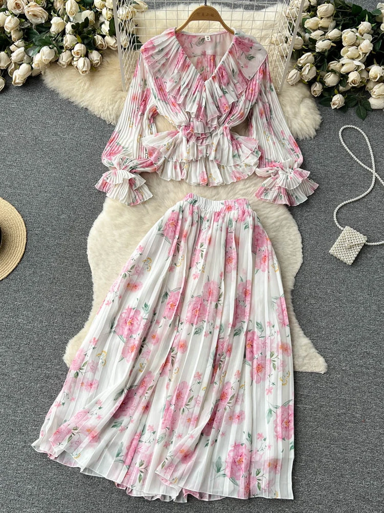 Spring Autumn Chiffon Fragmented Suits Summer Ruffle Edge V-neck Vintage Top+100 Pleat Half Skirt Two Piece Sets Vestidos