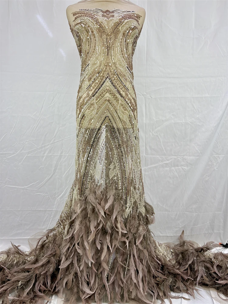 Luxurious 3D Feather Lace Fabric 2025 High Quality African Sequins Embroidery Lace French Beaded Tulle Lace Fabrics For Wedding.