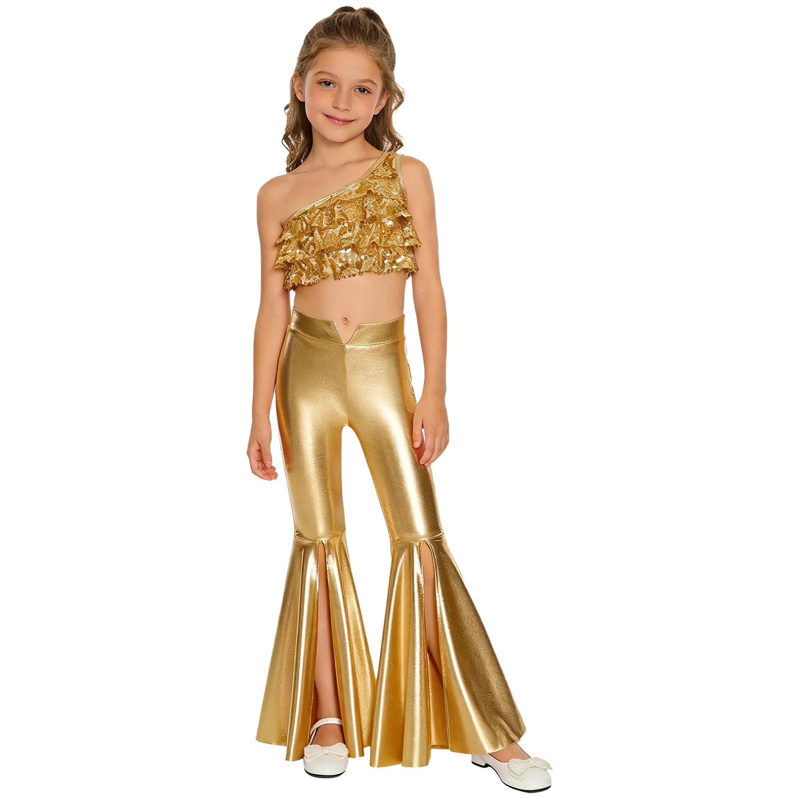 

Костюмы для выступлений по лирическому джазу, танго и бальным танцам для девочек: блестящий металлический укороченный топ и брюки-клеш для фестивалей и сценических выступлений