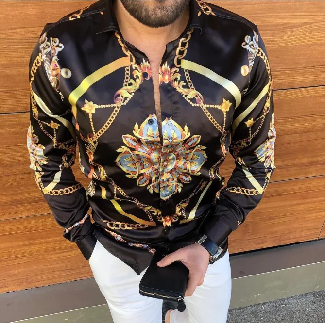 Men Baroque Floral Satin Long Sleeve Shirt Luxury Glossy Party Button Up Shirt