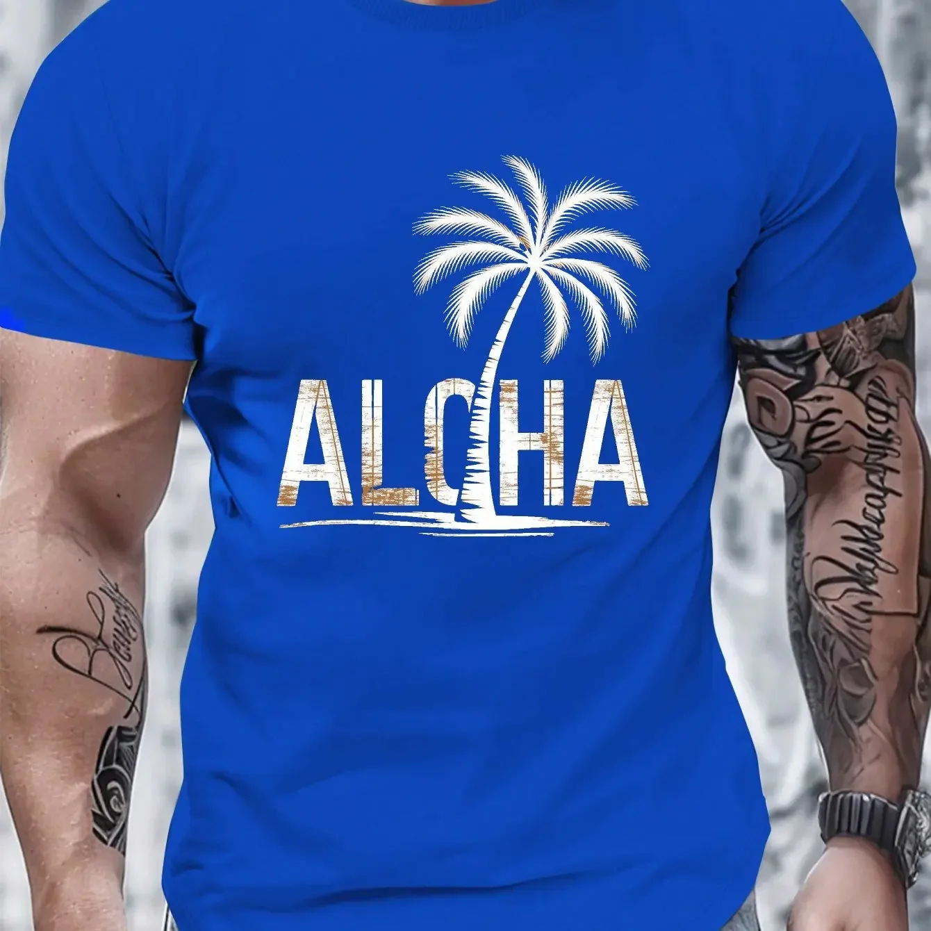 Aloha Palm Tree Typography Pure Cotton-coded Men's T-shirt