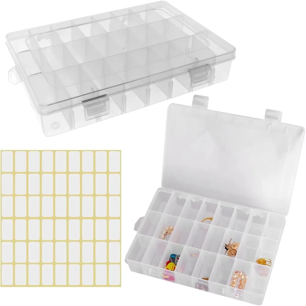 

Two 24-compartment transparent plastic storage boxes with adjustable dividers, suitable for DIY crafts, jewelry, etc