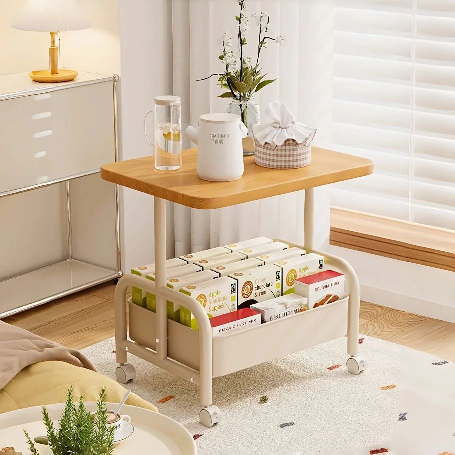 Two-color Multi-functional Trolley, Side Table, and Coffee Table with Wooden Top and Metal Frame - Includes Storage Basket.